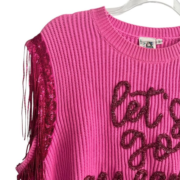 QUEEN OF SPARKLES LETS GO QUEEN PINK FRINGE SWEATER VEST SMALL CROWN COWGIRL - Picture 4 of 7